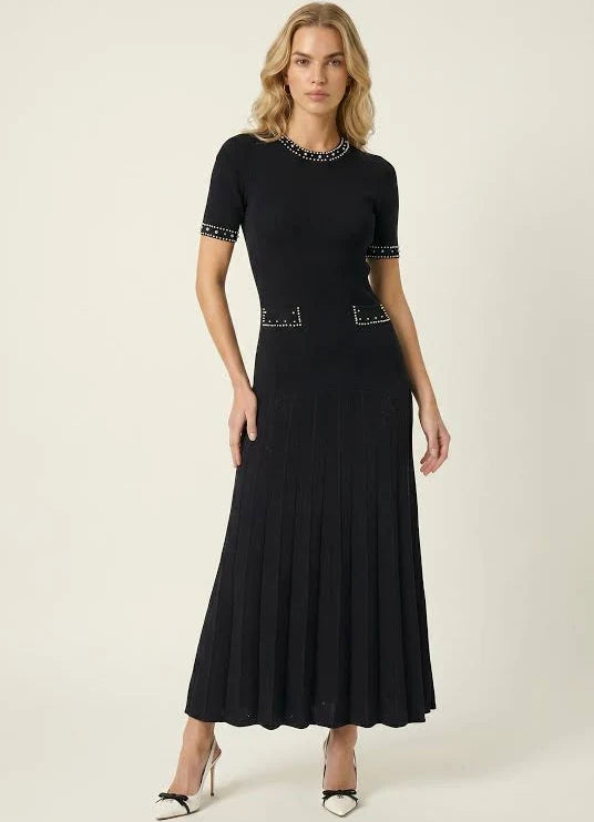 Modenaire Pearl-Embellished Knit Dress with Fitted Waist and Pleated Midi Skirt