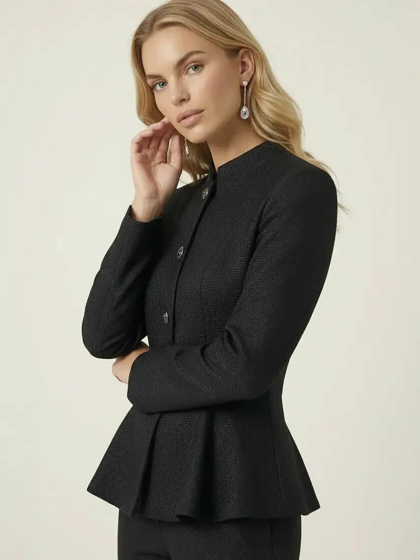 Modenaire Textured Peplum Blazer with Round Neck and Button Front