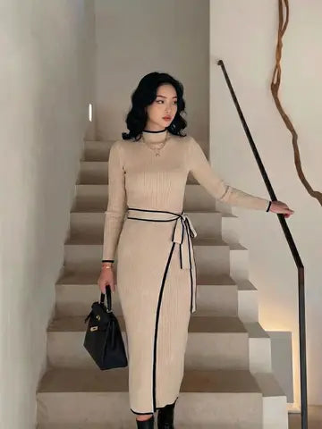 Modenaire Ribbed Knit Midi Dress with Contrast Trim