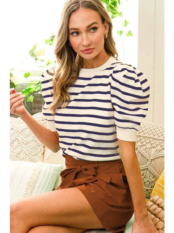 Vine & Love Striped Crew Neck Short Puff Sleeve Knitted Sweater