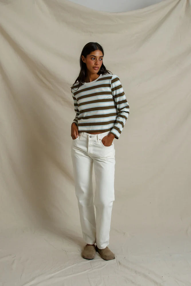 perfectwhitetee Veya Rugby Stripe Long Sleeve Crew Shirt- Dark Olive Stripe