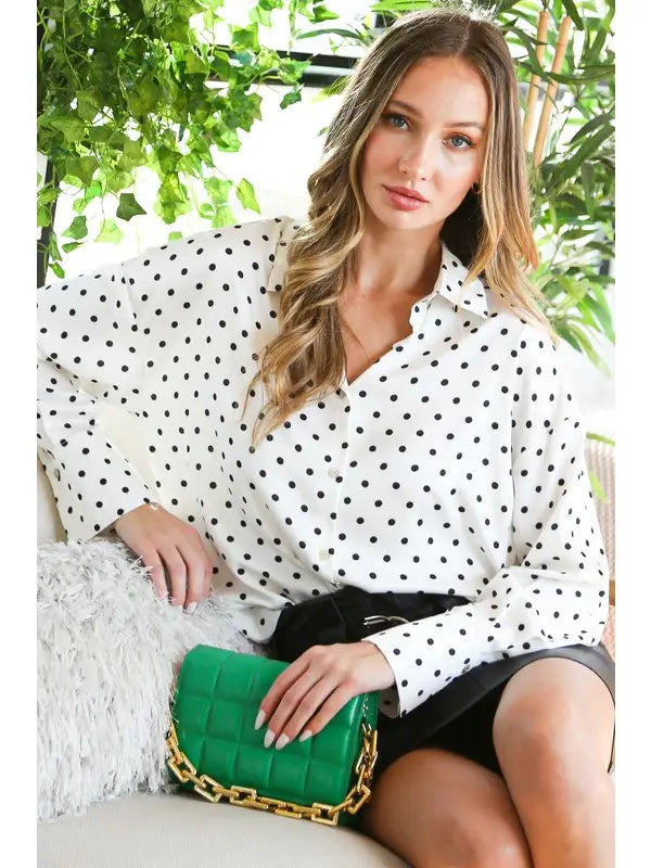 Vine & Love Polka Dot Collared Long-Sleeve Satin Blouse