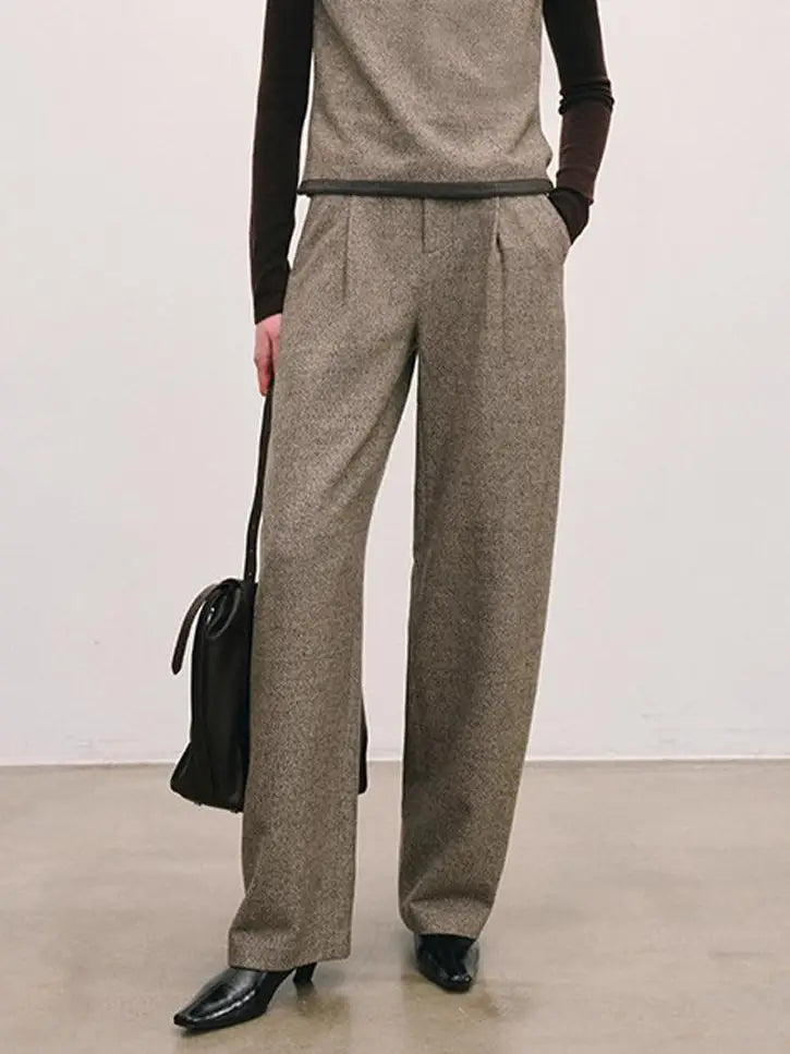 Modenaire Wool Pleated Front Tailored Wide Leg Trousers Suit Pants